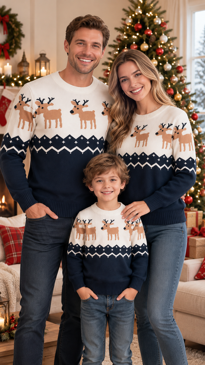 Maglioni Coordinati per la Famiglia Renne in Fila — Maglia Blu Navy e Bianca