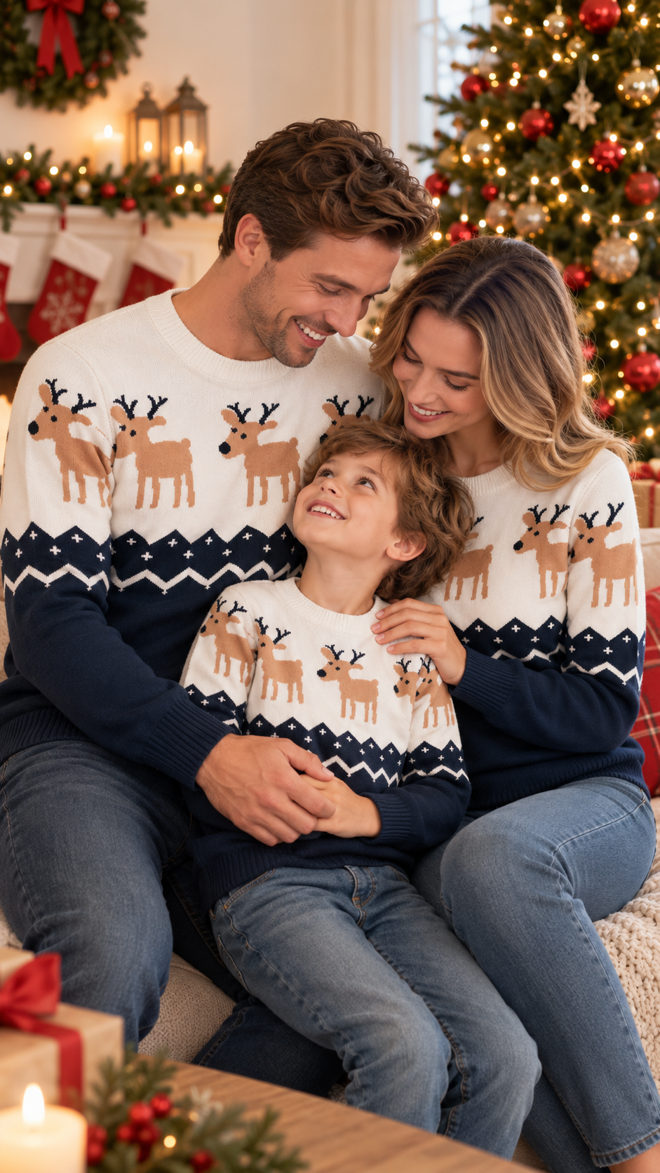 Maglioni Coordinati per la Famiglia Renne in Fila — Maglia Blu Navy e Bianca