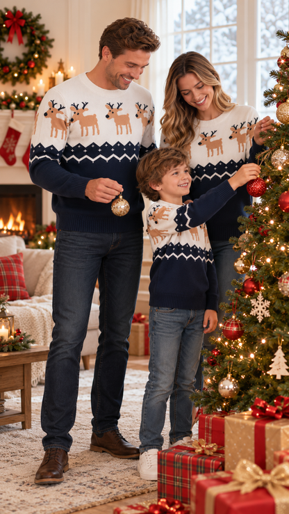 Maglioni Coordinati per la Famiglia Renne in Fila — Maglia Blu Navy e Bianca