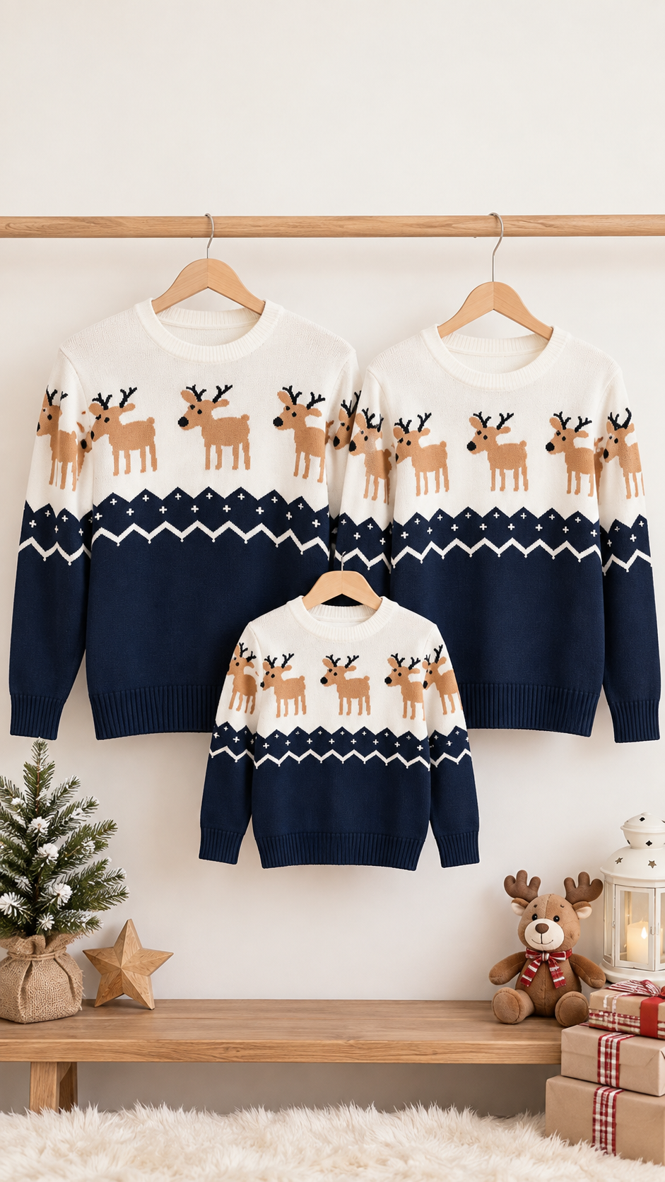 Maglioni Coordinati per la Famiglia Renne in Fila — Maglia Blu Navy e Bianca