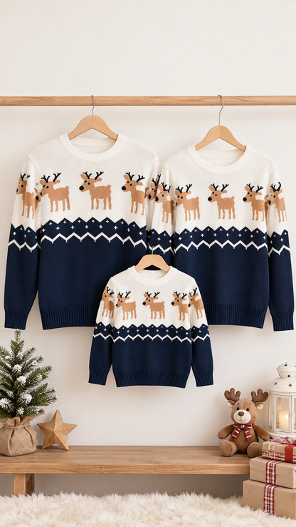 Maglioni Coordinati per la Famiglia Renne in Fila — Maglia Blu Navy e Bianca