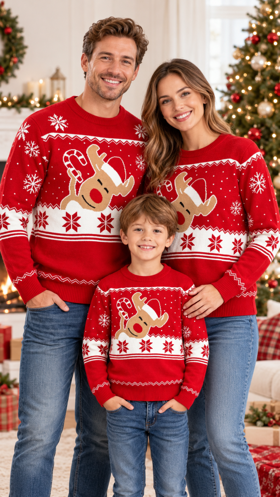 Candy Cane Reindeer Family Matching Sweaters — Red Santa Hat Knit