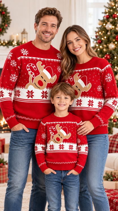 Candy Cane Reindeer Family Matching Sweaters — Red Santa Hat Knit