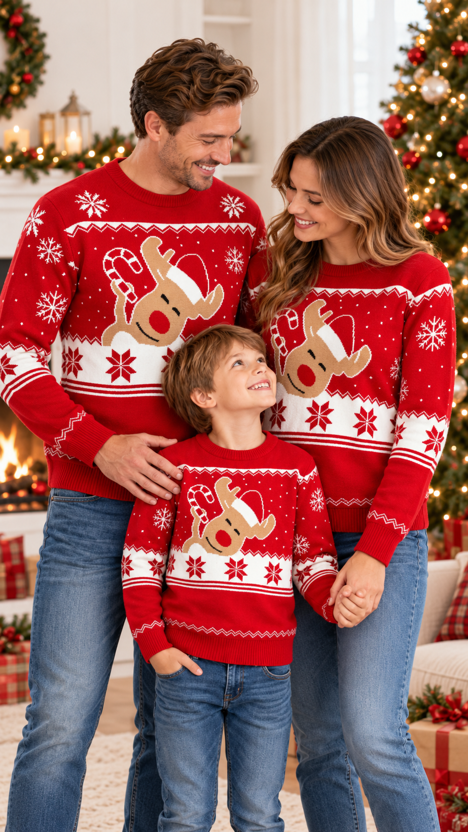 Candy Cane Reindeer Family Matching Sweaters — Red Santa Hat Knit