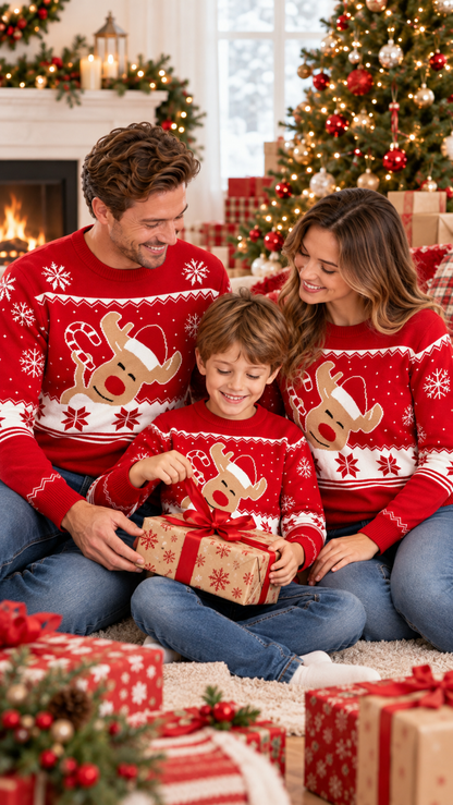 Candy Cane Reindeer Family Matching Sweaters — Red Santa Hat Knit