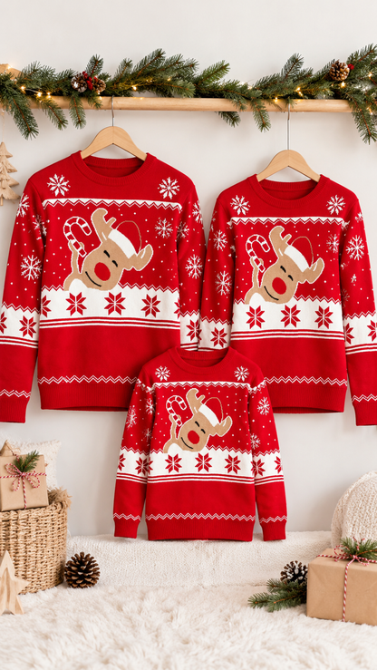 Candy Cane Reindeer Family Matching Sweaters — Red Santa Hat Knit