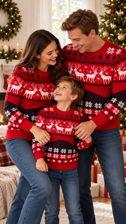 Nordic Reindeer Family Matching Sweaters — Snowflake Knit Tops