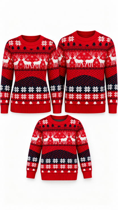 Nordic Reindeer Family Matching Sweaters — Snowflake Knit Tops
