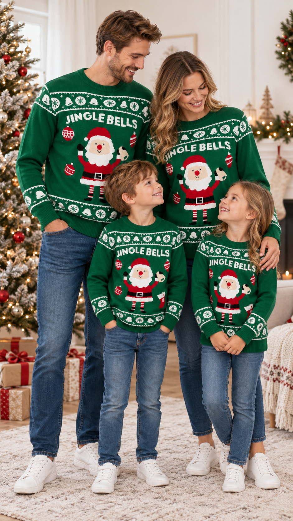 Pulls famille assortis Père Noël Jingle Bells — Maille verte de Noël
