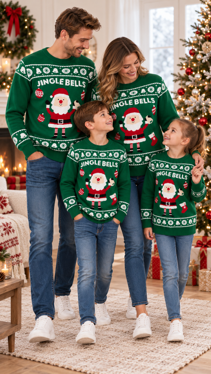 Pulls famille assortis Père Noël Jingle Bells — Maille verte de Noël