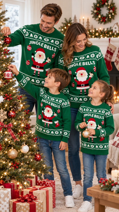 Pulls famille assortis Père Noël Jingle Bells — Maille verte de Noël