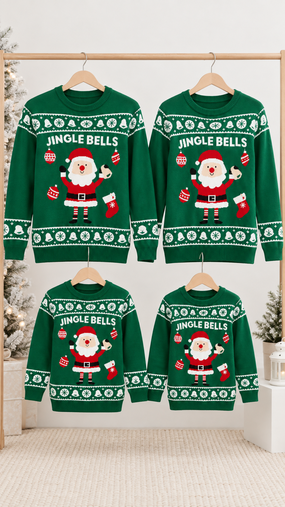 Pulls famille assortis Père Noël Jingle Bells — Maille verte de Noël