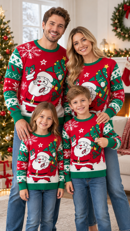 Pulls famille assortis Le Père Noël apporte le sapin — Jacquard rouge