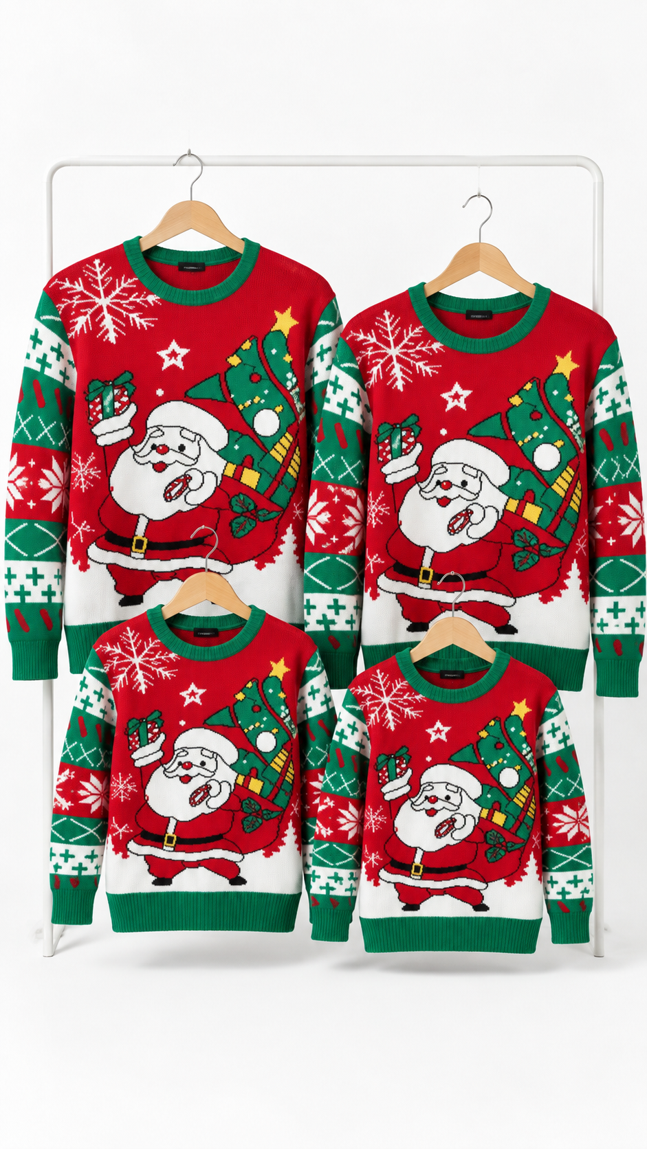 Pulls famille assortis Le Père Noël apporte le sapin — Jacquard rouge