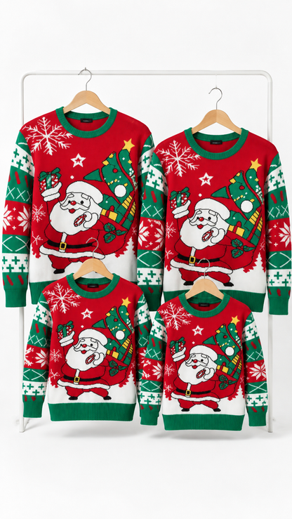 Pulls famille assortis Le Père Noël apporte le sapin — Jacquard rouge