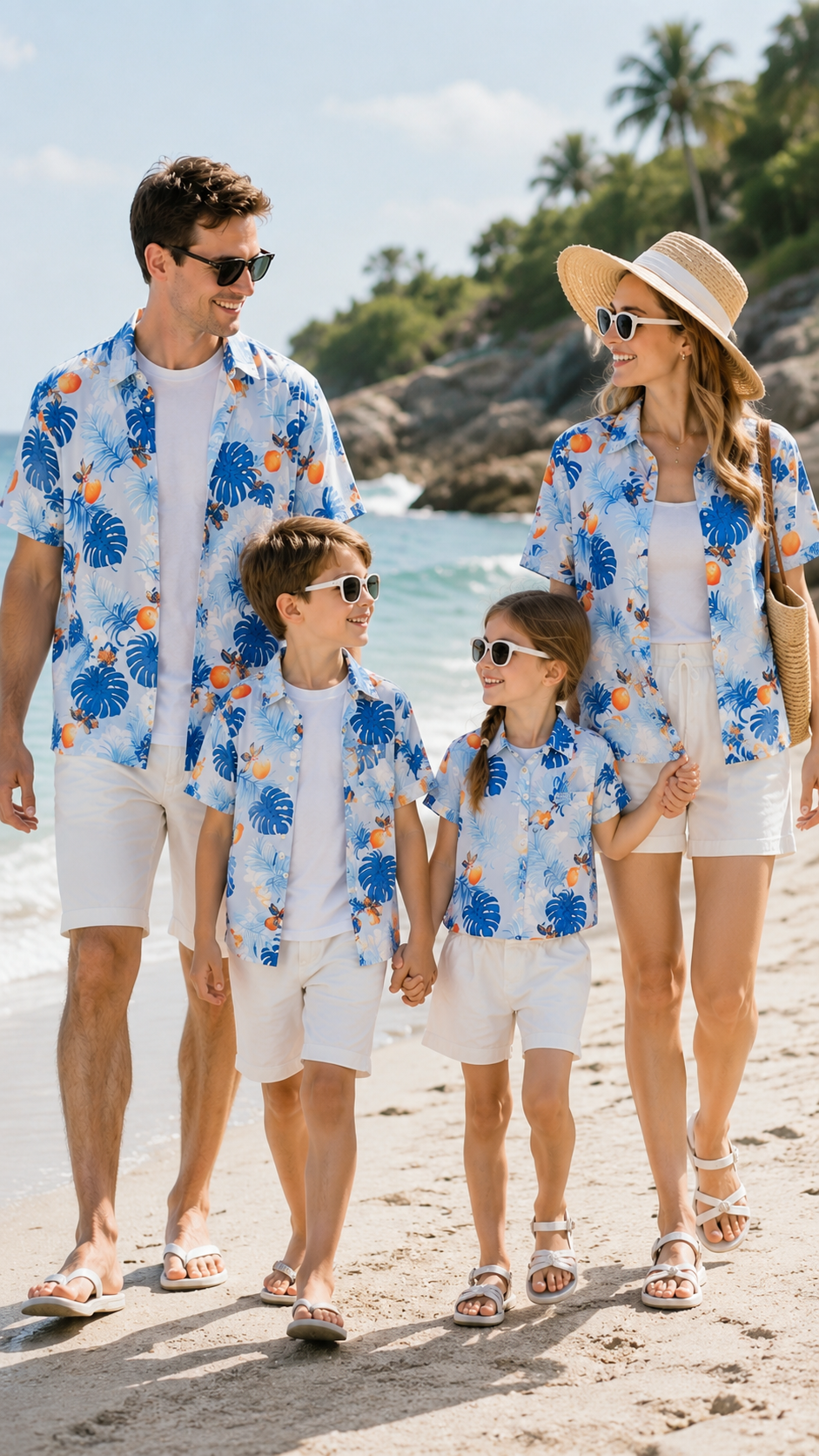 Modré splývavé topy Monstera Citrus Family — košile se zapínáním na knoflíky