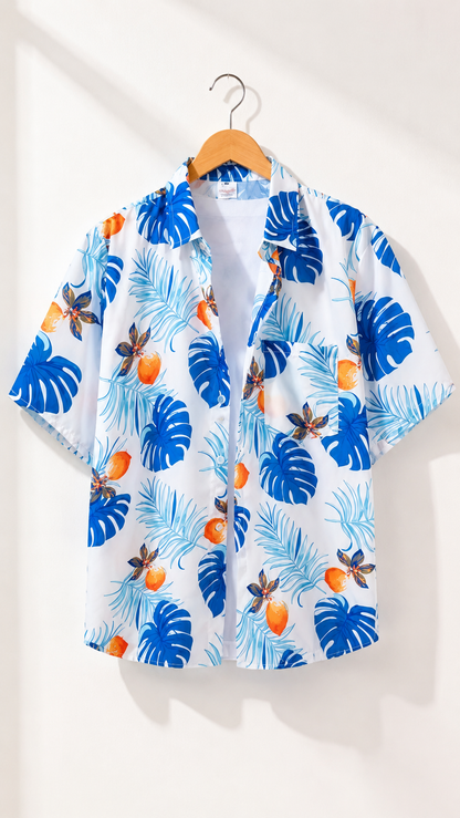 Modré splývavé topy Monstera Citrus Family — košile se zapínáním na knoflíky