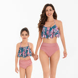 Chic Floral Ruffle One-Shoulder Swimsuit for Women and Girls Elegant Asymmetrical Swimwear Set in Vibrant Tropics Print-dresslikemommy.com