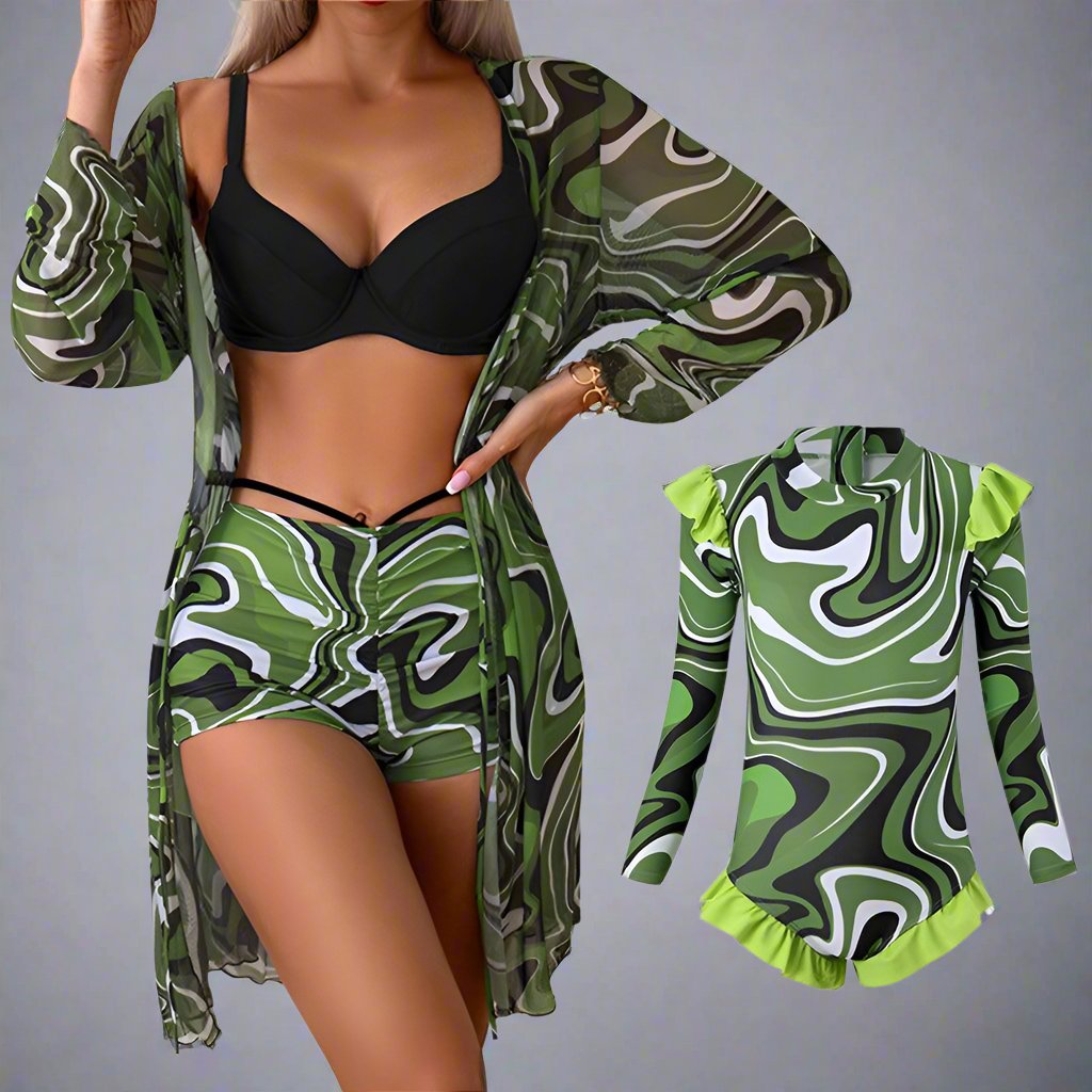 Chic Mother-Daughter Matching Swimsuit Set with Floral Cover-Up Family Beachwear Collection-dresslikemommy.com