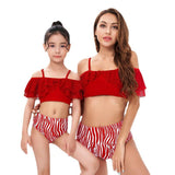 Chic Mother-Daughter One-Shoulder Swimsuit with Playful Ruffles and Contrasting Stripes - Nylon & Polyester Blend-dresslikemommy.com