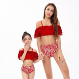 Chic Mother-Daughter One-Shoulder Swimsuit with Playful Ruffles and Contrasting Stripes - Nylon & Polyester Blend-dresslikemommy.com