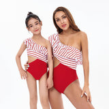 Chic One-Shoulder Striped Ruffle Swimsuit for Women and Girls - Elegant Monokini with Side Tie-dresslikemommy.com