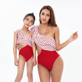 Chic One-Shoulder Striped Ruffle Swimsuit for Women and Girls - Elegant Monokini with Side Tie-dresslikemommy.com