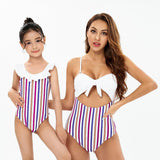 Chic Striped One-Piece Swimsuit with Playful Ruffle Detail - A Duo of Elegance for Mother & Daughter-dresslikemommy.com