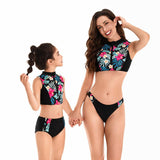 Chic Tropical Floral High-Neck Swimsuit Set for Women and Girls - Zippered, Sleeveless, Quick-Dry Swimwear-dresslikemommy.com