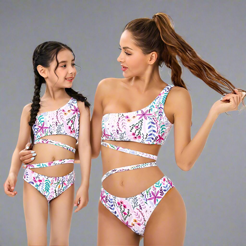 Chic Tropical One-Shoulder Ruffle Swimsuit Set for Mother and Daughter Vibrant Floral Pattern with Comfort Stretch-dresslikemommy.com