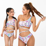 Chic Tropical One-Shoulder Ruffle Swimsuit Set for Mother and Daughter Vibrant Floral Pattern with Comfort Stretch-dresslikemommy.com