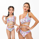 Chic Tropical One-Shoulder Ruffle Swimsuit Set for Mother and Daughter Vibrant Floral Pattern with Comfort Stretch-dresslikemommy.com