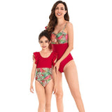 Chic Tropical Ruffle One-Piece Swimsuit - Lush Botanical Print with Elegant Solid Trim for Mother & Child-dresslikemommy.com