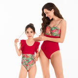 Chic Tropical Ruffle One-Piece Swimsuit - Lush Botanical Print with Elegant Solid Trim for Mother & Child-dresslikemommy.com