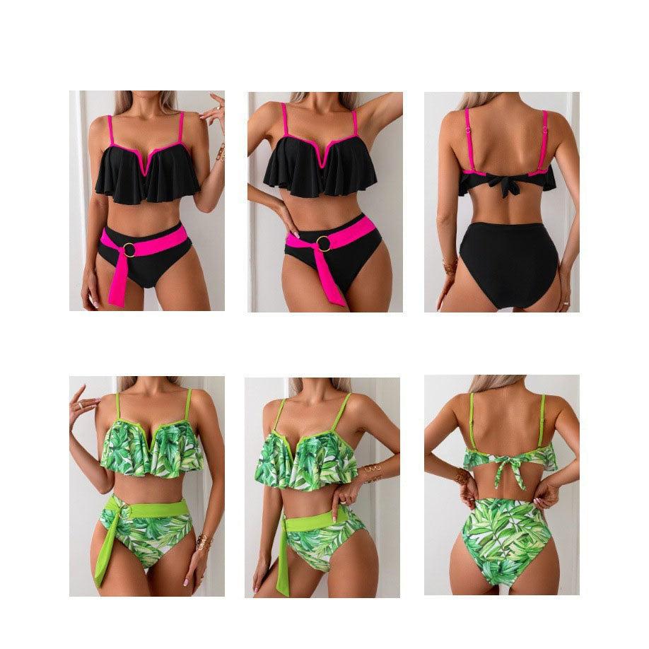 Chic Two-Piece Swimsuit Set Ruffle Detail Top and High-Waisted Bottoms in Four Vibrant Colors-dresslikemommy.com