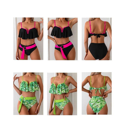 Chic Two-Piece Swimsuit Set Ruffle Detail Top and High-Waisted Bottoms in Four Vibrant Colors-dresslikemommy.com