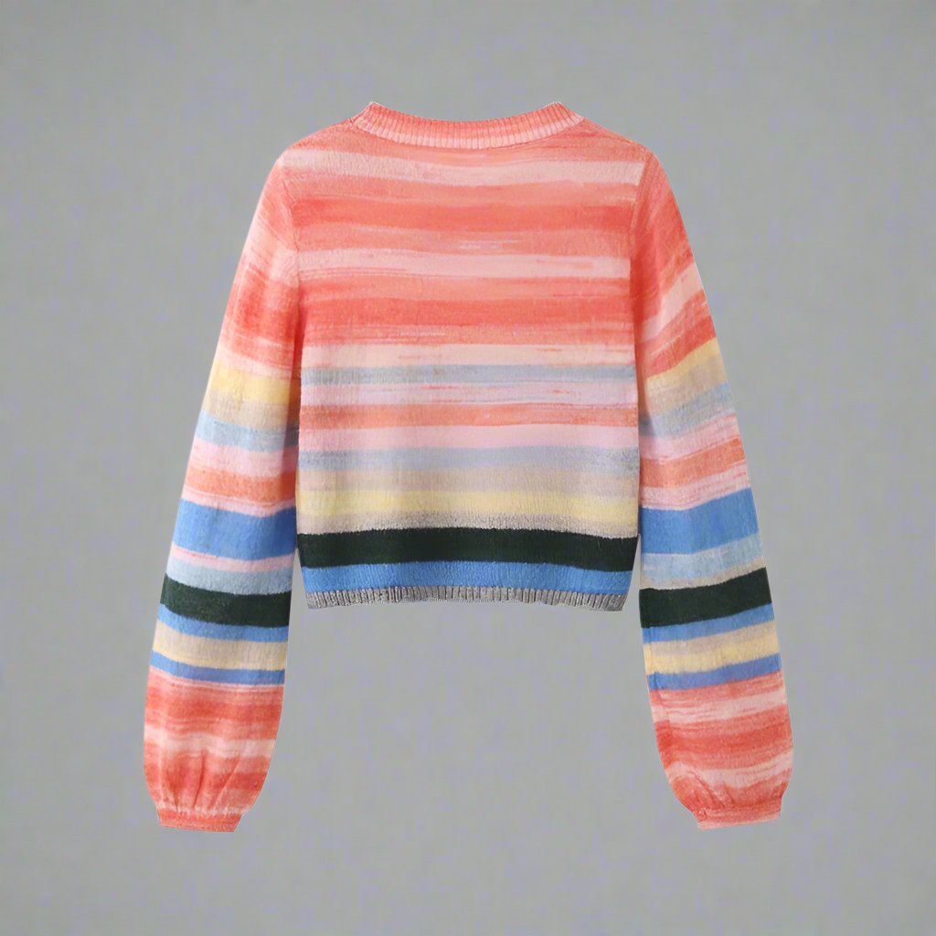Cropped pastel stripe sweaters for mother and child in coral and blue