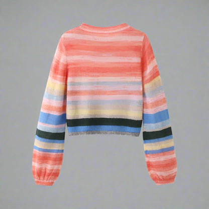 Cropped pastel stripe sweaters for mother and child in coral and blue