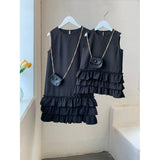 Elegant Black Ruffle Dress - Chic Sleeveless Layered Dress for Mother and Daughter, Perfect for Parties and Events-dresslikemommy.com