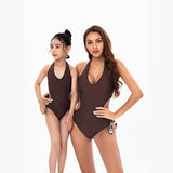 Elegant Chocolate Brown Monokini for Mother & Daughter Duo - Sleek Halter Neckline with Playful Polka Dot Tie Sides-dresslikemommy.com