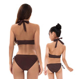 Elegant Chocolate Brown Monokini for Mother & Daughter Duo - Sleek Halter Neckline with Playful Polka Dot Tie Sides-dresslikemommy.com