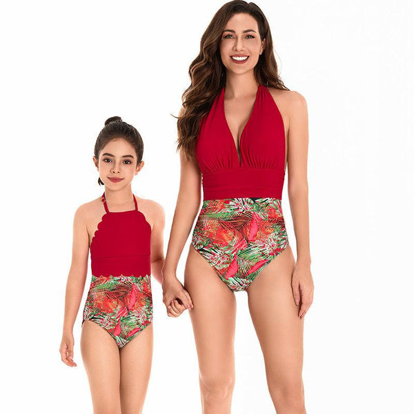 Elegant Tropical High-Waisted Swimsuit Set for Mother and Daughter Radiant Red Halter Neck Design-dresslikemommy.com