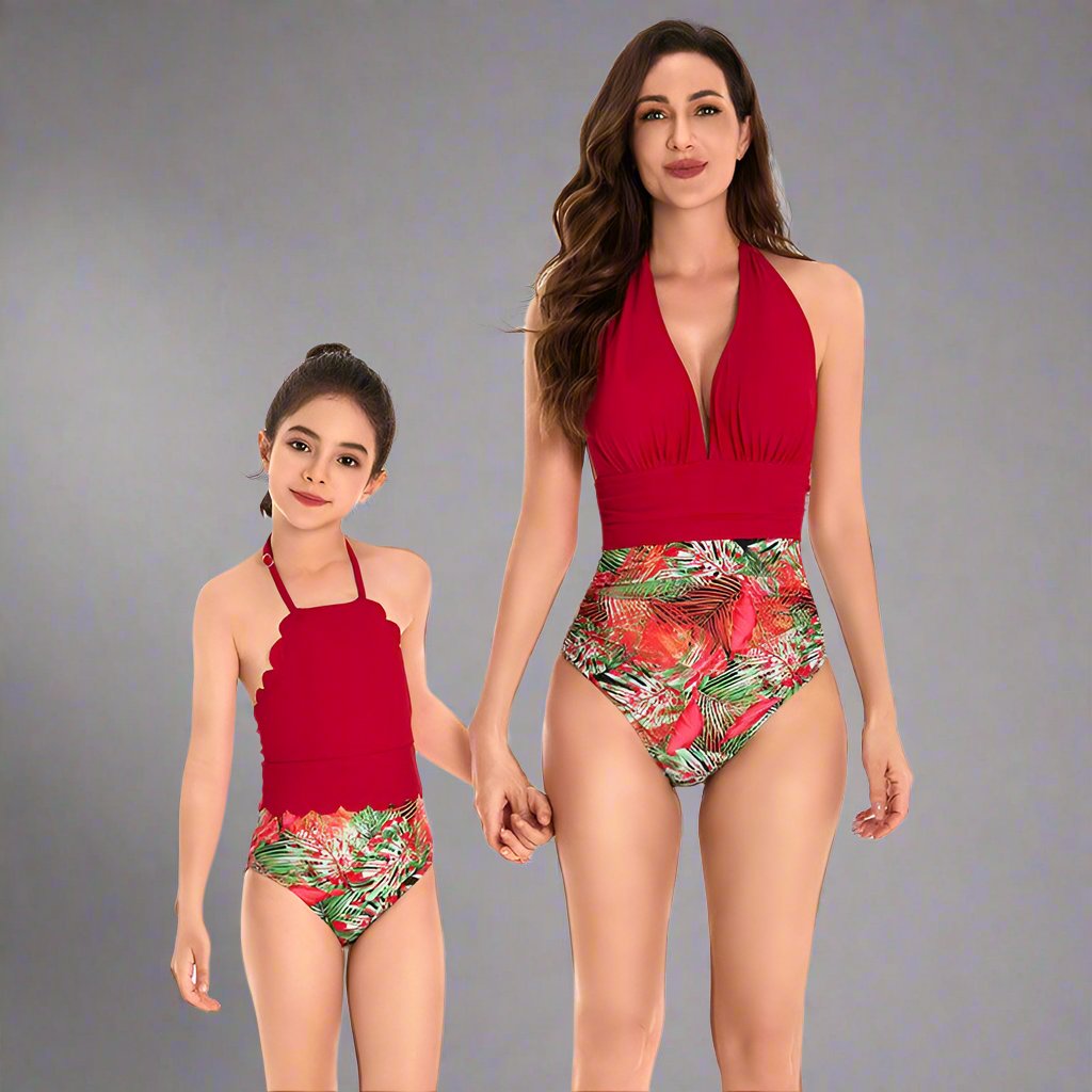 Elegant Tropical High-Waisted Swimsuit Set for Mother and Daughter Radiant Red Halter Neck Design-dresslikemommy.com