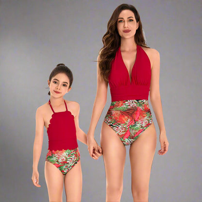 Elegant Tropical High-Waisted Swimsuit Set for Mother and Daughter Radiant Red Halter Neck Design-dresslikemommy.com