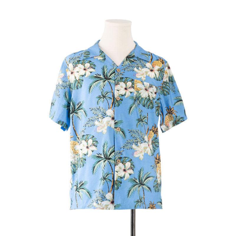 Close product view of family matching shirts with blue floral print