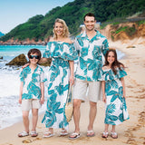 Family Matching Outfits - White Dresses with Green Leaves and Matching Shirts-Family Matching-dresslikemommy.com