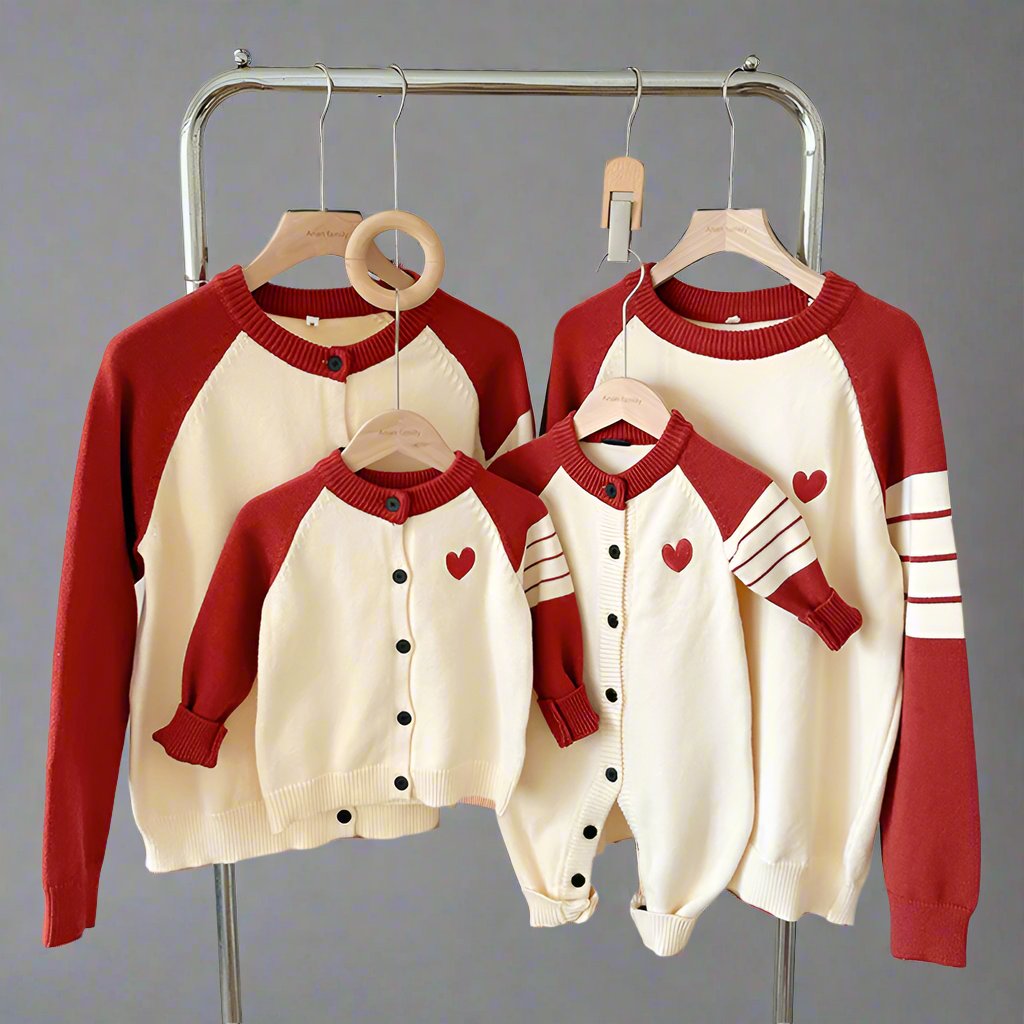 Family matching cream cardigans with heart design and contrasting red sleeves