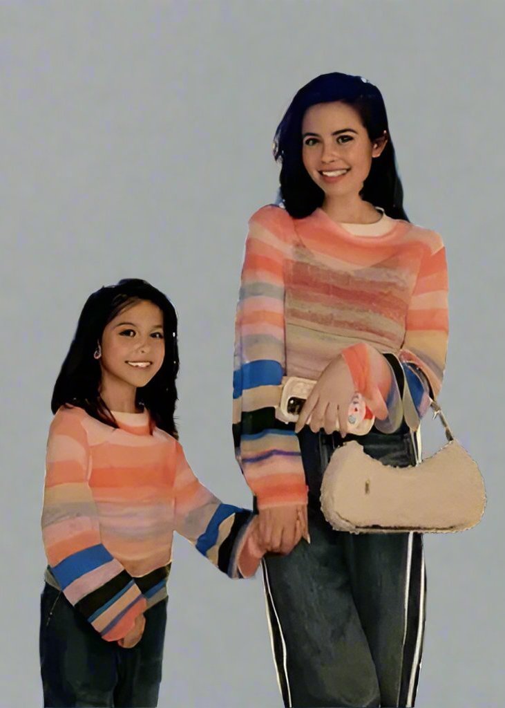 Family matching pastel striped sweater set in coral, blue, yellow, and green