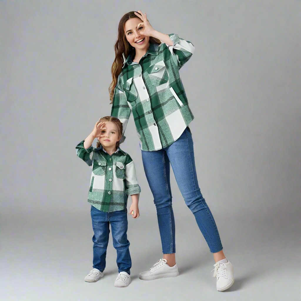 Mother and daughter matching brown plaid shirt jackets