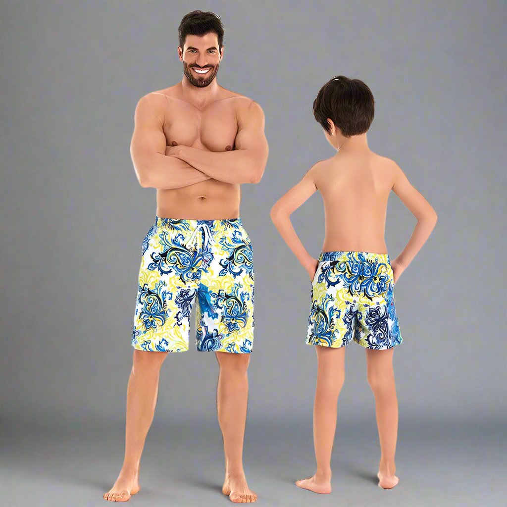 Father and Son Matching Swim Trunks - Classic Paisley Pattern in Blue and Yellow-dresslikemommy.com